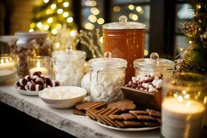 AI generated Christmas dinner outdoors, featuring a gourmet picnic spread with dishes like smoked salmon, champagne infused salads, and artisanal bread, Festive blankets photo