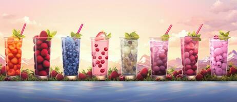 AI Generated a row of different colored bubble teas photo