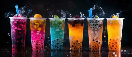 AI Generated a row of different colored bubble teas photo