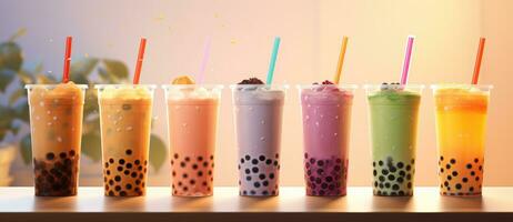 AI Generated a row of different colored bubble teas photo