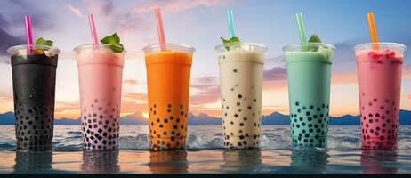 AI Generated a row of different colored bubble teas photo