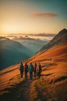 ai generado grupo de caminantes excursionismo en el montañas a puesta de sol. viaje y aventuras concepto, ai generativo. foto