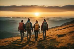 ai generado grupo de caminantes excursionismo en el montañas a puesta de sol. viaje y aventuras concepto, ai generativo. foto