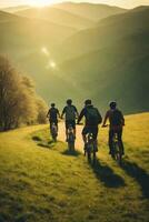 ai generado ciclistas en el la carretera en el montañas a puesta de sol. deporte y activo vida concepto, ai generado. foto