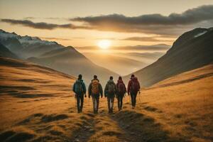 ai generado grupo de caminantes excursionismo en el montañas a puesta de sol. viaje y aventuras concepto, ai generativo. foto