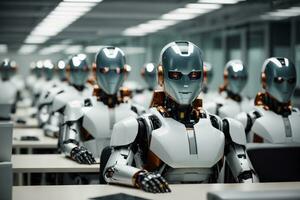 AI generated Group of robot working in a modern office. Artificial intelligence concept. photo