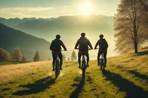 ai generado ciclistas en el la carretera en el montañas a puesta de sol. deporte y activo vida concepto, ai generado. foto