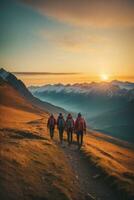 AI generated Group of hikers hiking in the mountains at sunset. Travel and adventure concept, AI Generative. photo