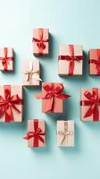 AI generated pinkish-red gift boxes arranged on a light turquoise vertical background photo