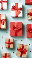 AI generated gift boxes arranged on a light blue vertical background photo