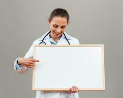 Beautiful female doctor is holding whiteboard on gray background. photo