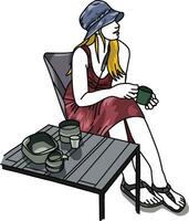 A girl enjoys coffee while camping vector