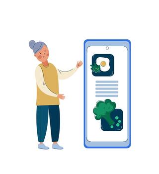 Mobile application for calorie counting. Idea of healthy nutrition and meal portion.  Girl counting calories with smartphone app vector