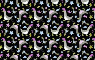 Vector seamless pattern with funny geese in nightcaps, stars, clouds and the moon.