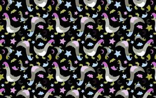 Vector seamless pattern with funny geese in nightcaps, stars, clouds and the moon.