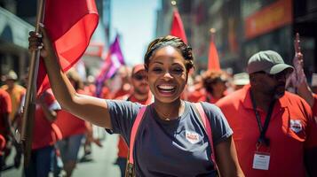 ai generado foto contento juguetón multiétnico de labor día celebracion en calle