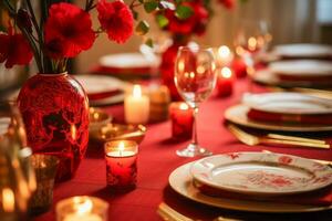 AI generated Intimate Red and Gold Dinner Setting for Chinese New Year Celebration photo