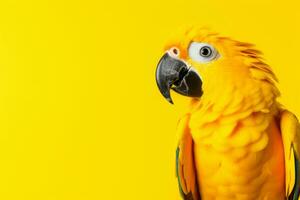 AI generated Vivid Sunlit Parrot on Yellow Background in Profile View photo