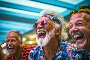 AI generated A group of senior friends laugh heartily together, wearing vibrant Hawaiian shirts and accessories, embodying a carefree and joyful moment. photo