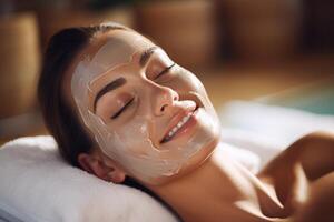 ai generado sereno mujer disfrutando un relajante facial tratamiento a un spa foto