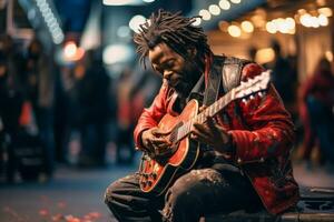 ai generado calle músico jugando guitarra en urbano noche ajuste foto