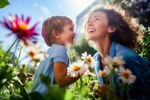 AI generated Joyful Mother and Child Playing in Flower Garden photo