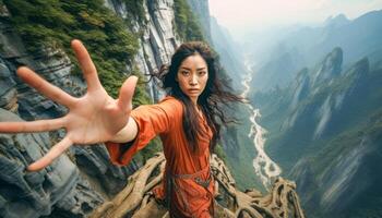 ai generado asiático mujer en naranja vestir alcanzando fuera en montaña acantilado borde foto