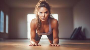 AI generated Focused Female Athlete Doing PushUps in a Sunlit Indoor Gym photo