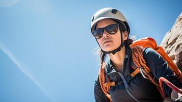 AI generated Focused Asian Female Climber Preparing to Ascend in Outdoor Setting photo