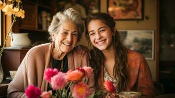 AI generated Grandmother and Granddaughter Sharing a Joyful Moment Indoors photo