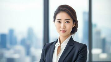 AI generated A young East Asian businesswoman stands poised in a professional black suit with a cityscape visible through the office windows behind her. photo