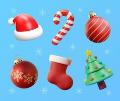 3d Christmas icons set. Christmas 3d vector objects collection. Christmas tree, Santa hat, christmas ornament ball, candy cane, stocking. Decoration elements for greeting cards and banners.