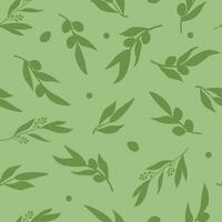 Seamless pattern with branches, leaves, and olive fruits. Natural, simple, abstract monochrome print. Vector graphics.