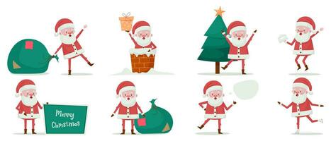 Set with different poses with Santa Claus. Vector illustration for new year. Merry Christmas. Cute characters isolated on white background.