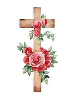 AI generated watercolor c Christian cross with red roses on a white background photo