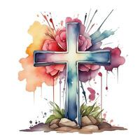 AI generated watercolor  christian cross in flowers on white background photo