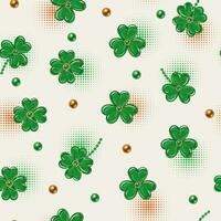 Seamless pattern with scattered shamrocks leaves, beads, halftone shapes. St Patricks Day design on white background. Vintage illustration for prints, clothing, surface design vector