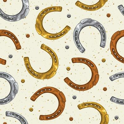 Seamless pattern with golden, silver, rusty horseshoes, rivets on textured white background. Vintage illustration for equestrian sport concept or lucky concept