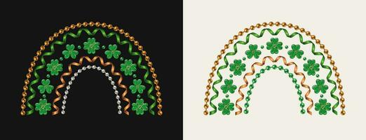 Rainbow made with clover, lucky shamrock leaves, bead strings, spiral ribbons. Design element for St Patricks Day decoration. Irish traditional colors vector