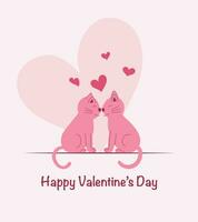 Valentine's day greeting card with two cats on pink background with hearts. Vector illustration.