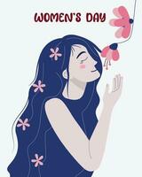 saludo tarjeta de un hermosa niña con flores en su cabello. De las mujeres día. vector