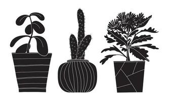 Vector potted plant collection. Set of succulents and house plants. Hand-drawn vector art isolated on the white background. Black and white style. Cozy atmosphere, home decor concept