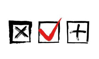 Grunge vector checkmarks isolated on white. Check signs sketch, voting agrees on checklist mark or examination task list. Hand-drew tick V X sign. Checkbox chalk icon, sketch checkmark.