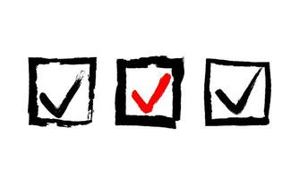 Grunge vector checkmarks isolated on white. Check signs sketch, voting agrees on checklist mark or examination task list. Hand-drew tick V X sign. Checkbox chalk icon, sketch checkmark.