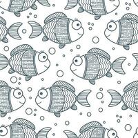 Ornamental fishes in doodle style. Cute vector seamless pattern with fishes. Endless background can be used for wallpaper, wrapping paper, child textile, web page background. Sea concept.