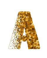 Letter A of Latin alphabet decorated with sand effect stipple texture vector illustration, round confetti dots grunge pattern, speckled chaotic particles, geometric image, golden chaotic dots abc