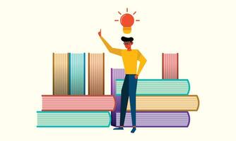 A person standing while having an idea flat vector illustration. Young man with light bulb. Human posing with book piles for education or science related poster, banner, presentation, or leaflet.