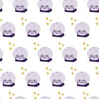 Seamless pattern of magic crystal ball and decorative elements of cute character in glass with stars vector