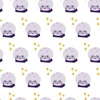 Seamless pattern of magic crystal ball and decorative elements of cute character in glass with stars vector