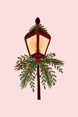 Christmas street lamp with a candle burning inside, decorated with branches, berries on a light background. For cards, prints, decorations. Vector.
